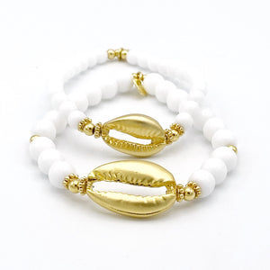 Large Cowrie Shell on white bead bracelet