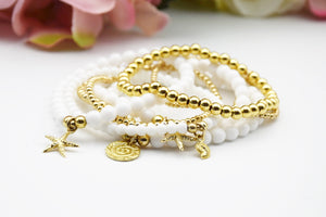 Gold Disc Charm White Bead Bracelet