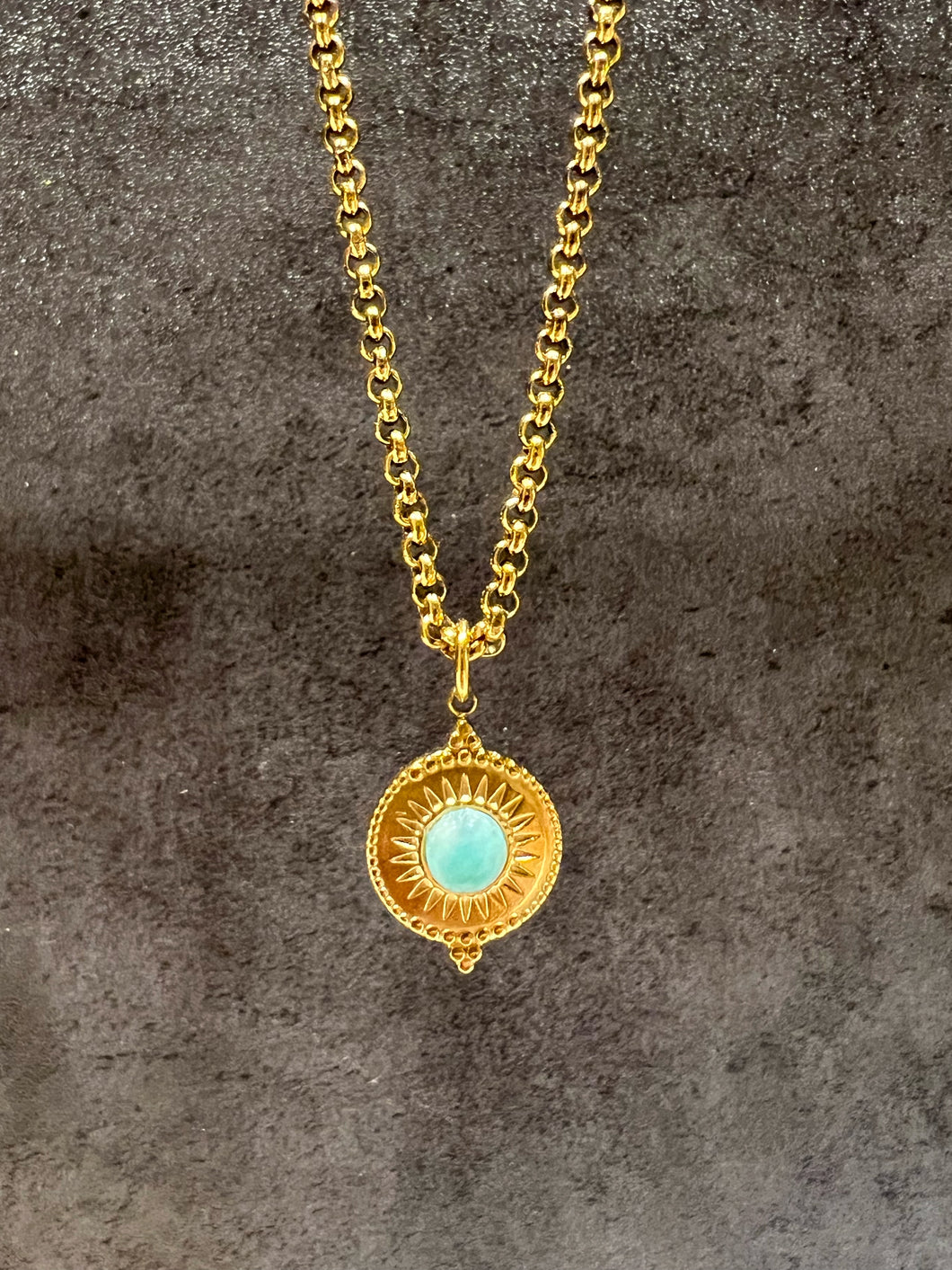 Gold Boho “Summer Vibes” Amazonite Round Sunburst Pendant Necklace