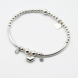 Puff Heart and CZ gems Beaded Charm Bracelet