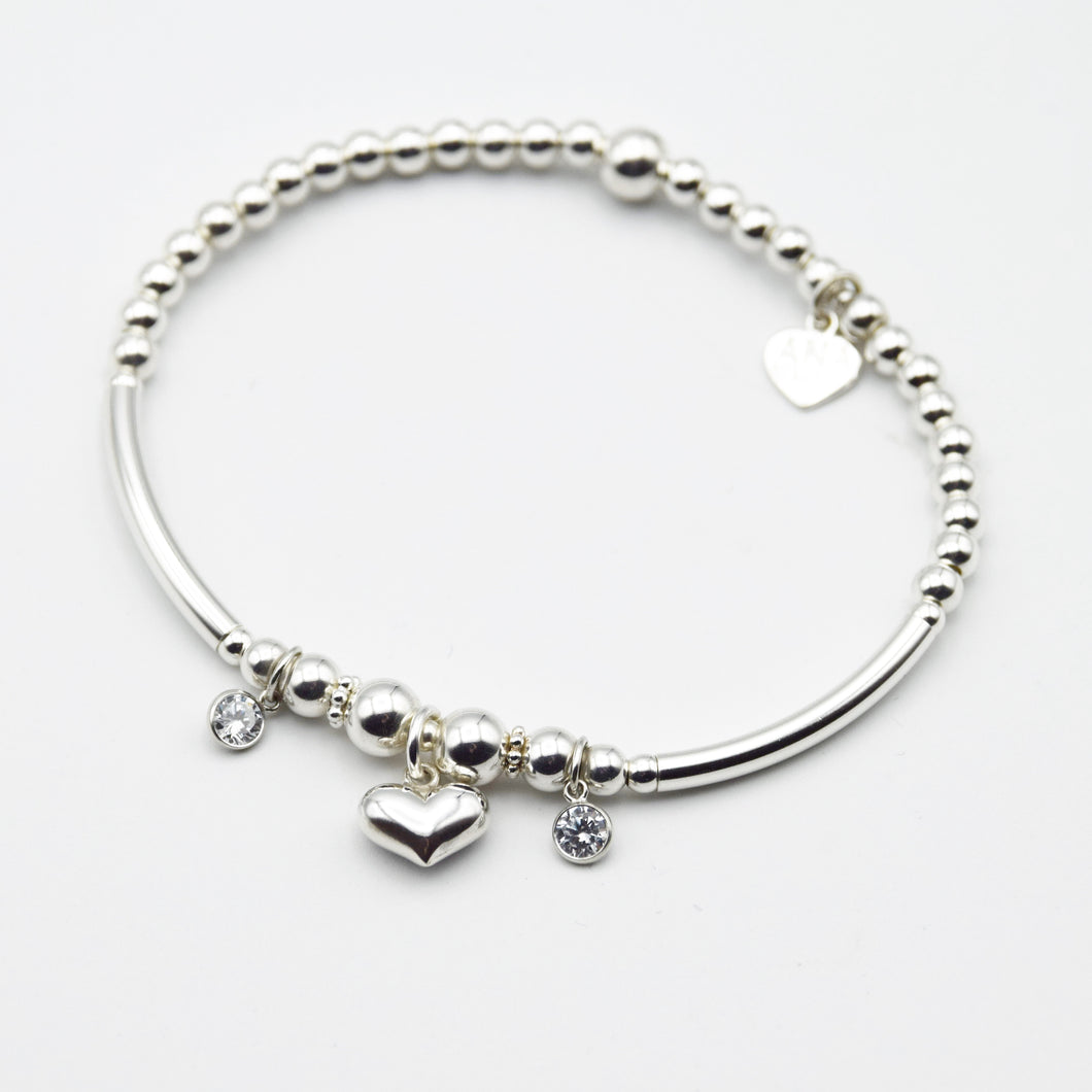Puff Heart and CZ gems Beaded Charm Bracelet