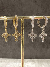 Load image into Gallery viewer, Cross CZ huggie hoop earrings
